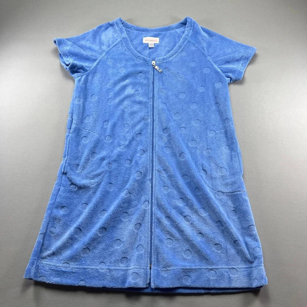 Stan Herman Lounge Dress Womens Medium Blue Embossed Fleece Sleepwear Full Zip